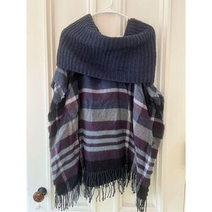Fraas navy blue maroon and gray off the shoulder cowl neck and plaid shawl vest